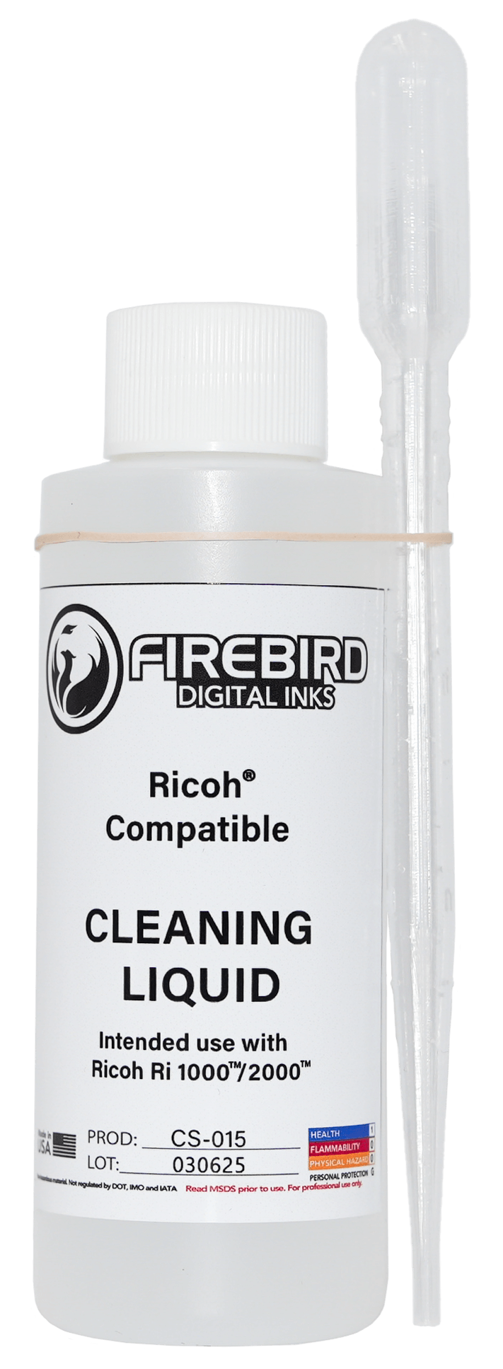 FIREBIRD Ricoh Compatible Cleaning Liquid for Ri 1000 and Ri 2000, with included pipette.